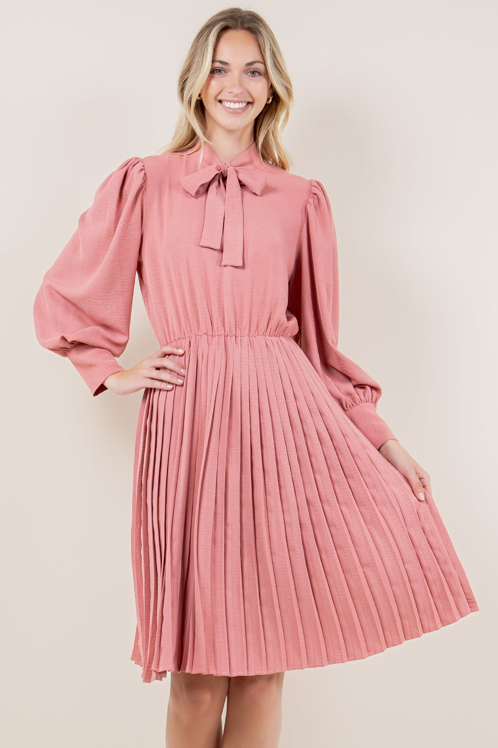 WIDE CUFF PUFF LS PLEATED A LINE DRESS - D3573-MAUVE