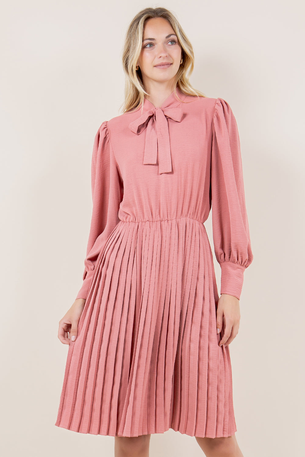 WIDE CUFF PUFF LS PLEATED A LINE DRESS - D3573-MAUVE