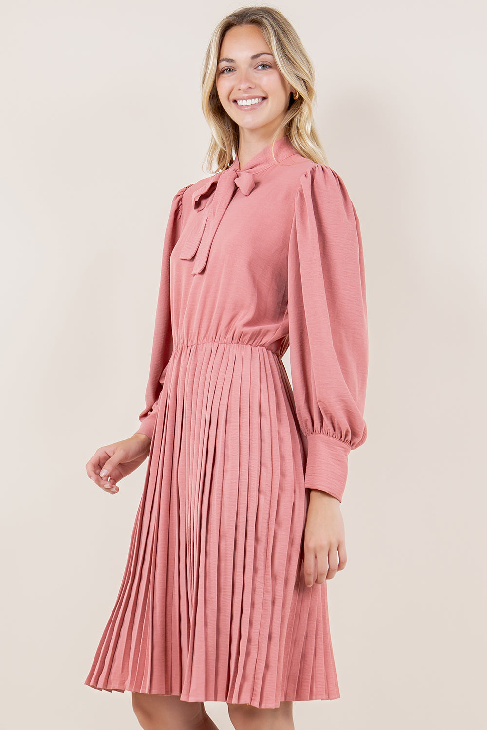 WIDE CUFF PUFF LS PLEATED A LINE DRESS - D3573-MAUVE
