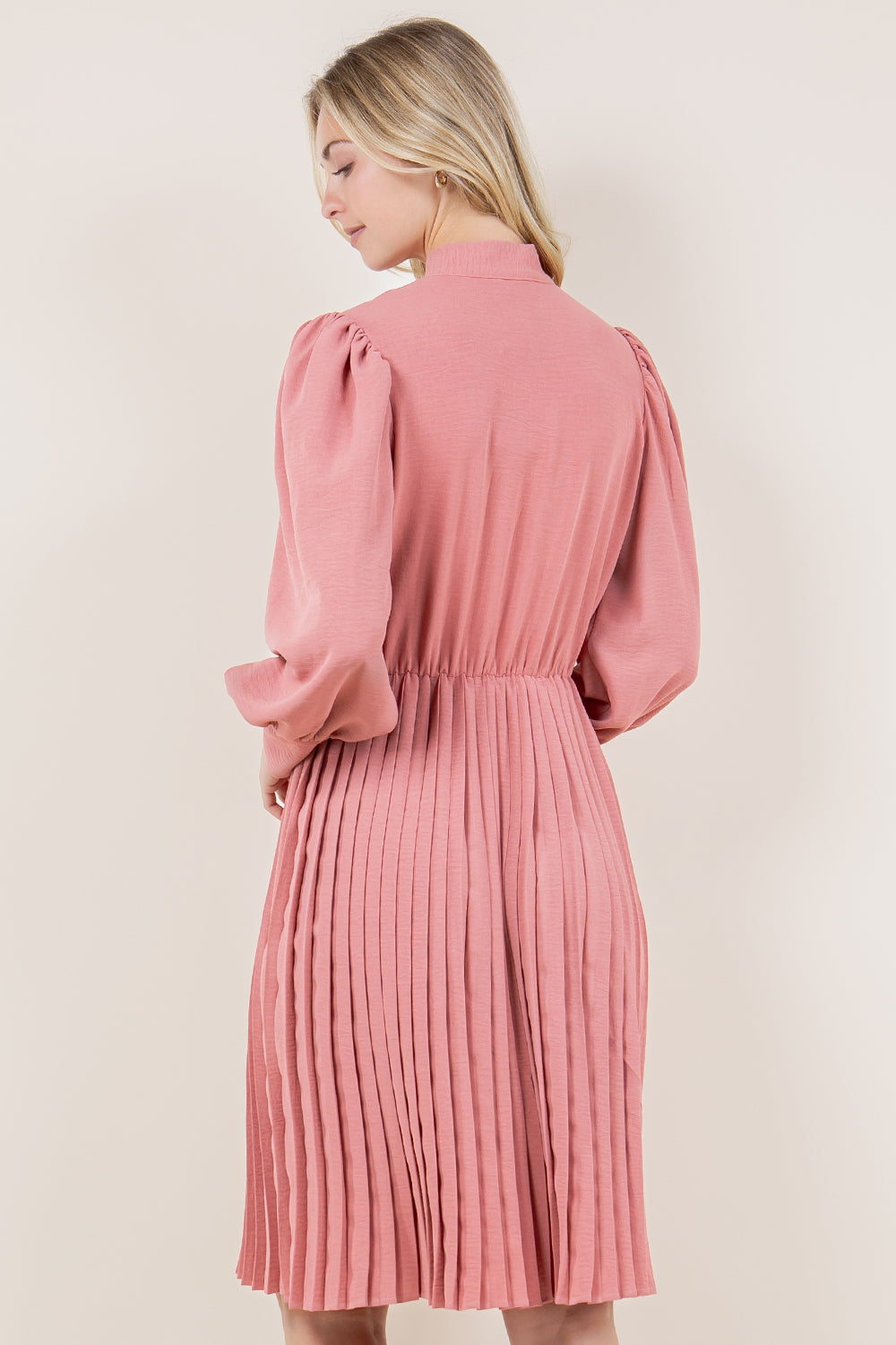 WIDE CUFF PUFF LS PLEATED A LINE DRESS - D3573-MAUVE