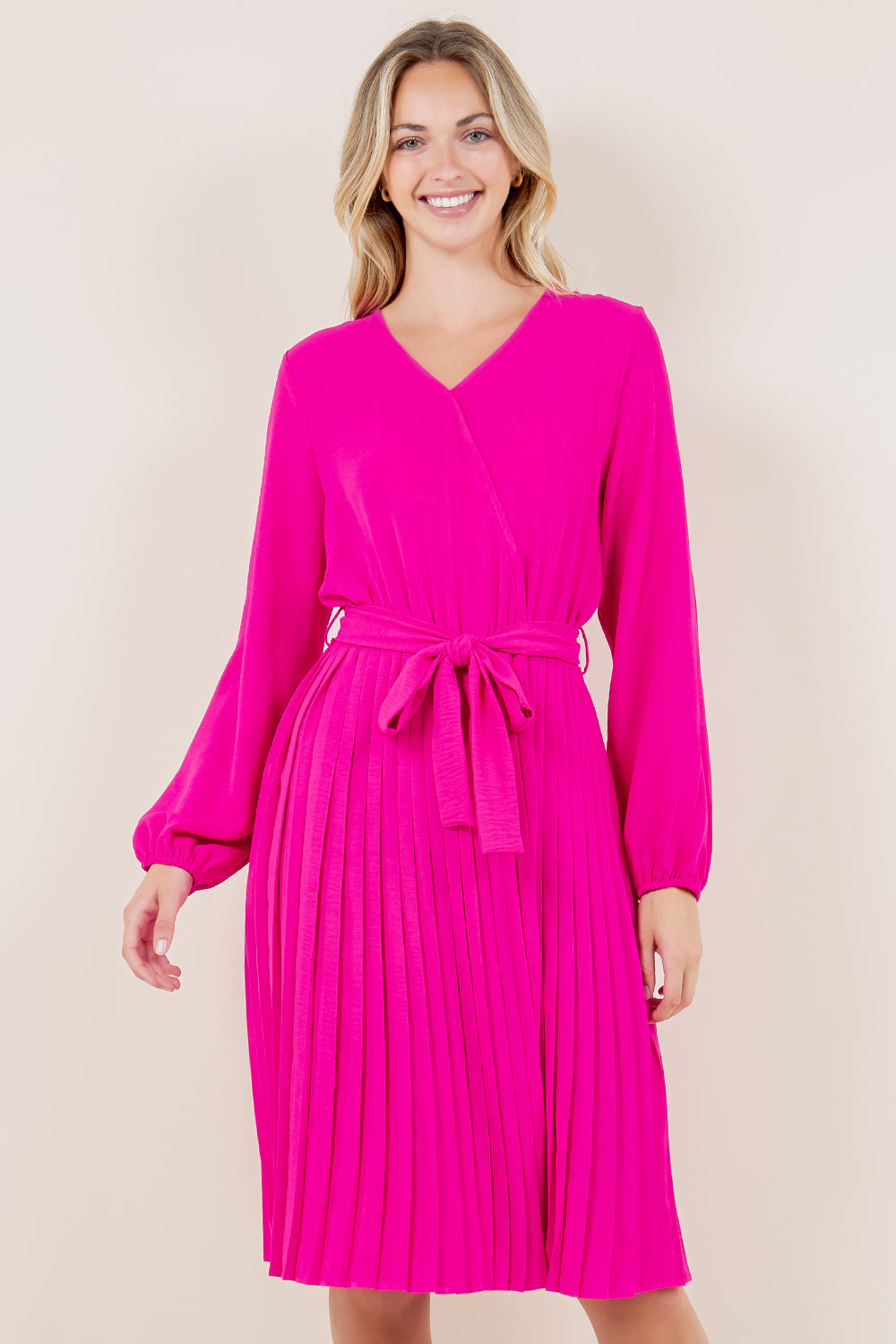 PUFF LS SURPLICE PLEATED MIDI DRESS - D3574-PINK