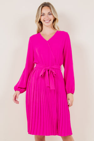 PUFF LS SURPLICE PLEATED MIDI DRESS - D3574-PINK