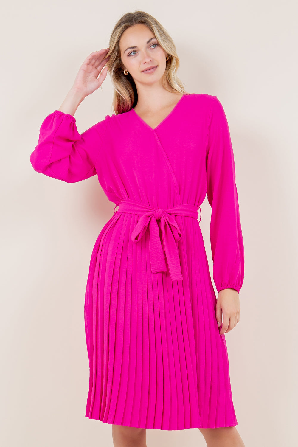 PUFF LS SURPLICE PLEATED MIDI DRESS - D3574-PINK