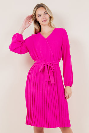 PUFF LS SURPLICE PLEATED MIDI DRESS - D3574-PINK