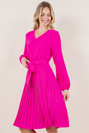 PUFF LS SURPLICE PLEATED MIDI DRESS - D3574-PINK