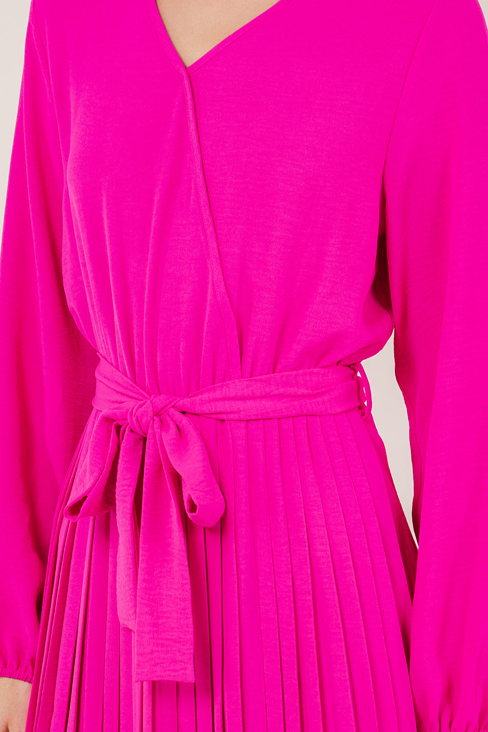 PUFF LS SURPLICE PLEATED MIDI DRESS - D3574-PINK