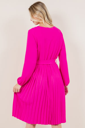 PUFF LS SURPLICE PLEATED MIDI DRESS - D3574-PINK