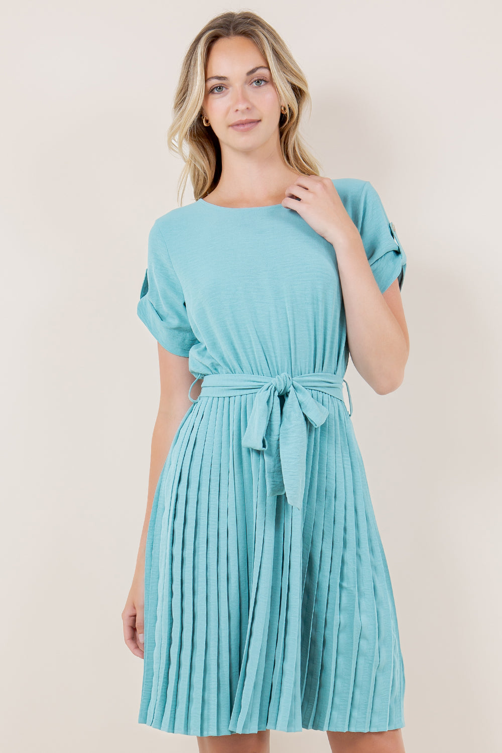 SS ROLL TAB PLEATED DRESS - D3575-ALOE