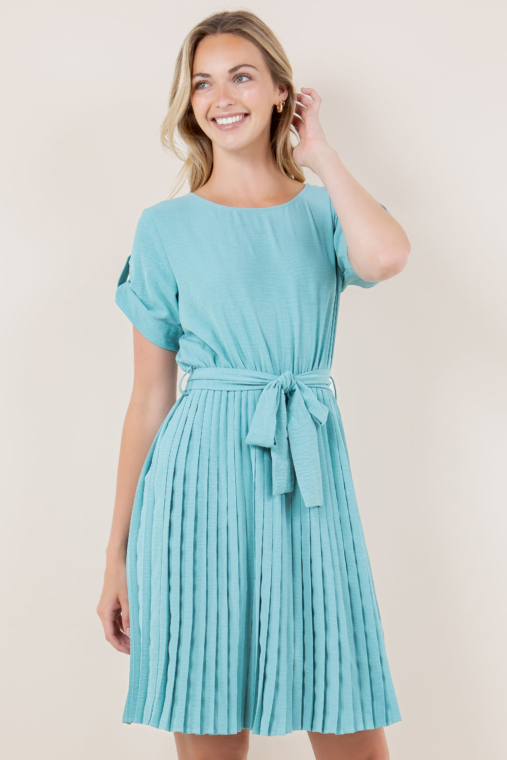SS ROLL TAB PLEATED DRESS - D3575-ALOE