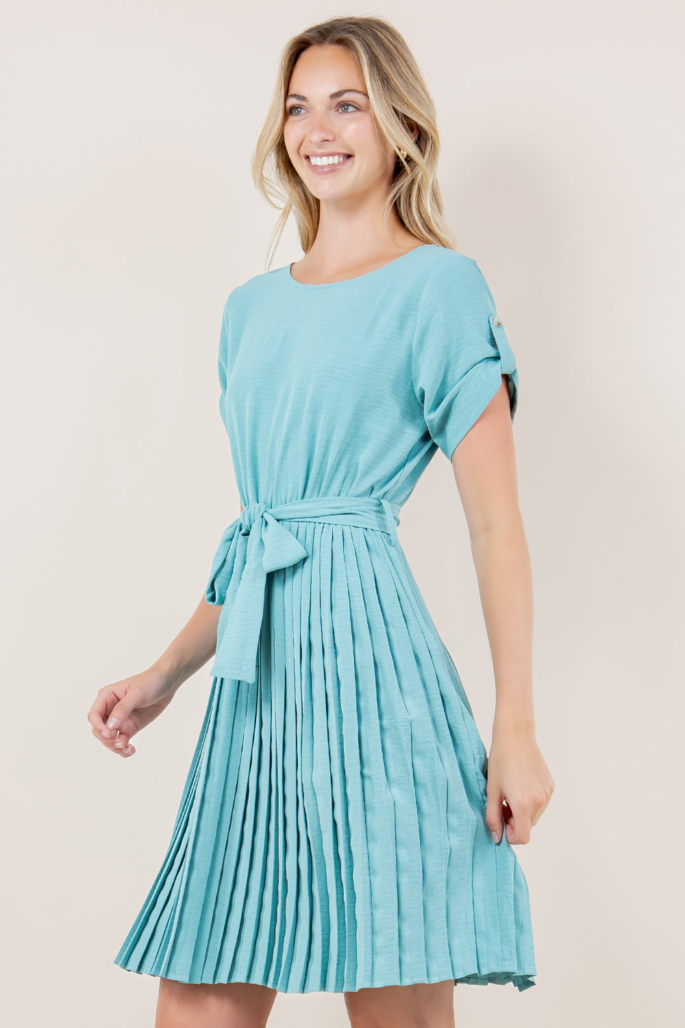 SS ROLL TAB PLEATED DRESS - D3575-ALOE