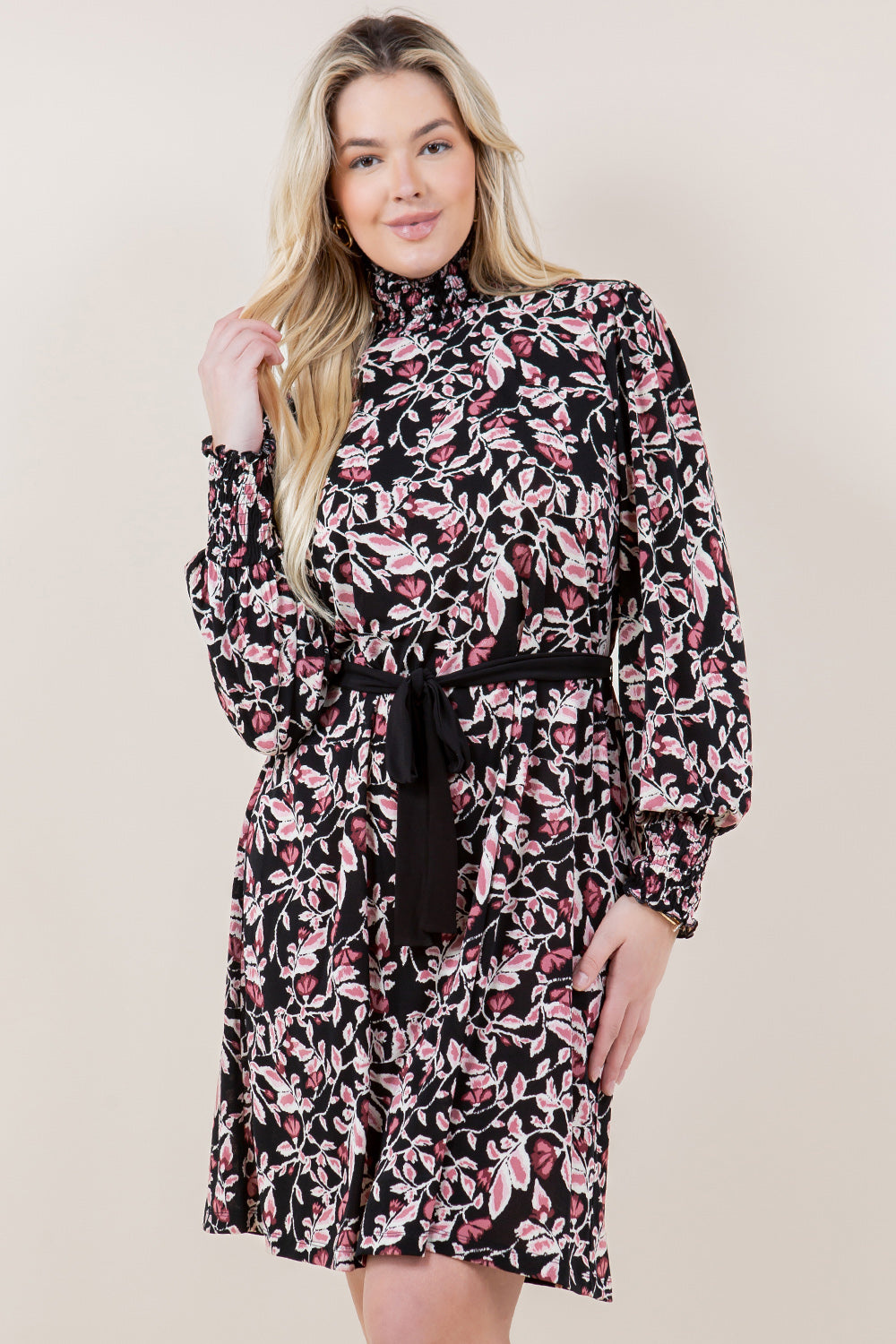 LS SMOCKED MOCK NECK A LINE DRESS - D3580-245-1