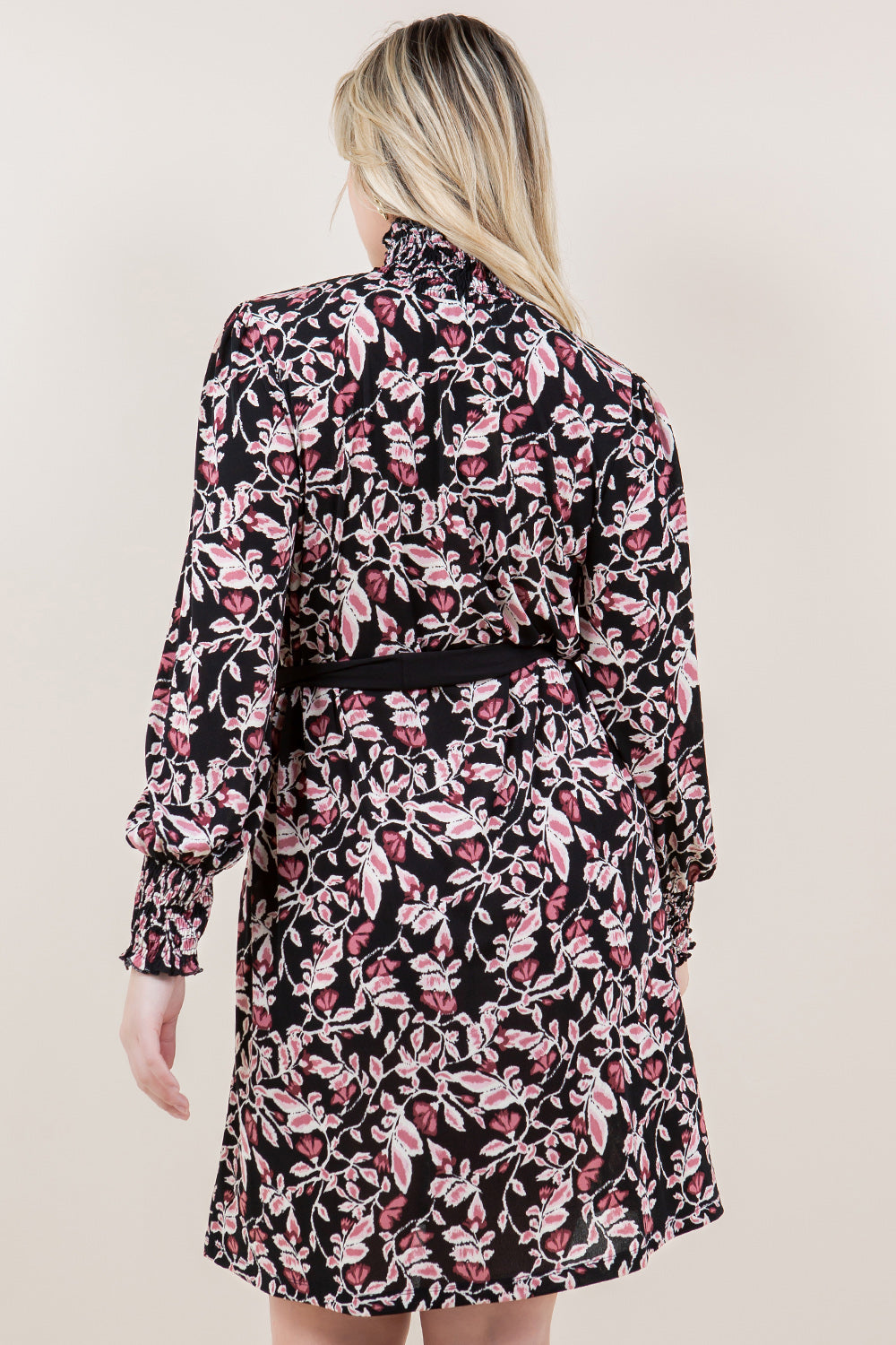 LS SMOCKED MOCK NECK A LINE DRESS - D3580-245-1