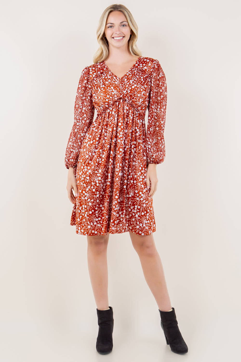 LS SHIRR RUFFLE DROP WAIST DRESS - D3582-0111