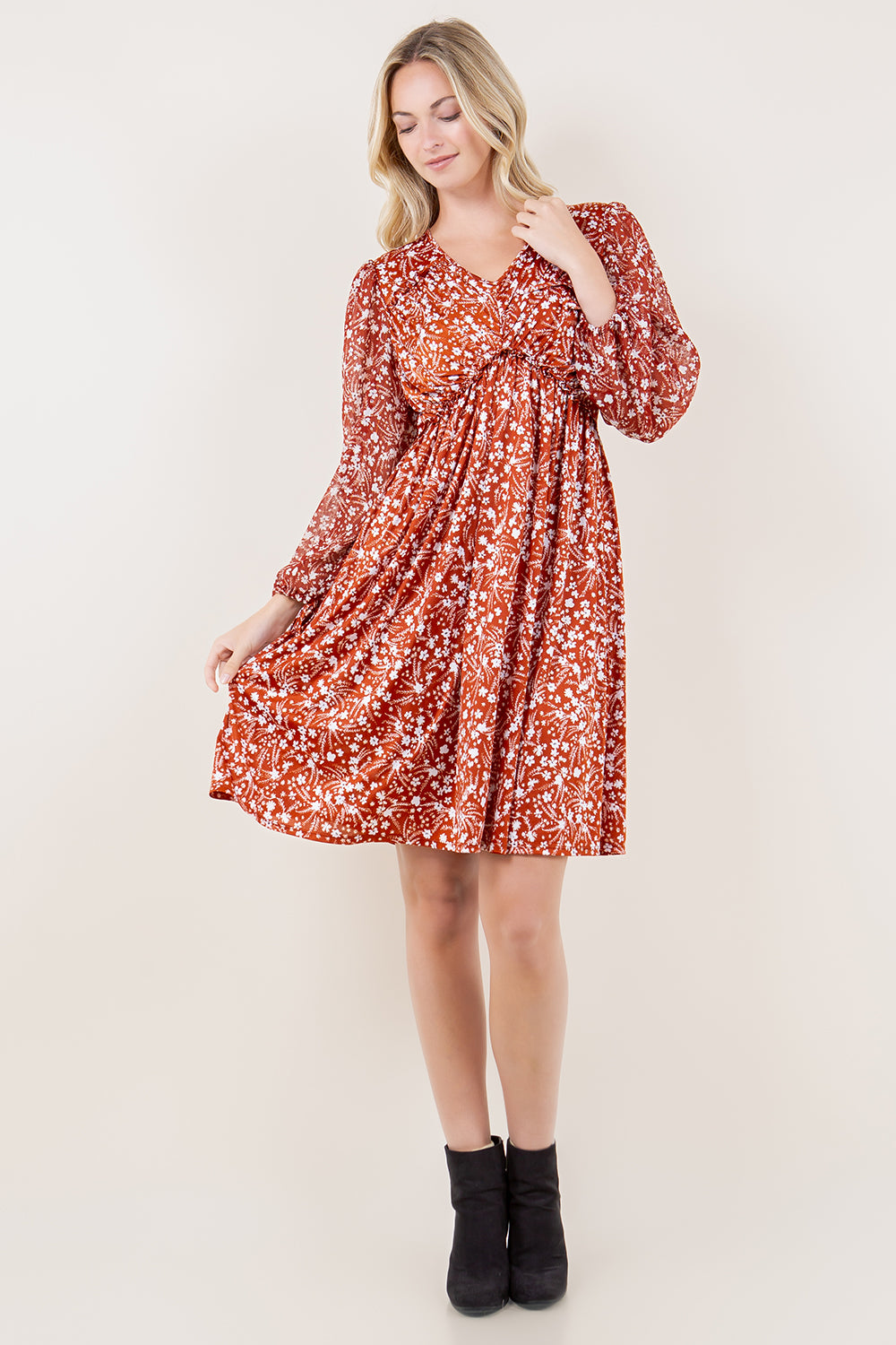 LS SHIRR RUFFLE DROP WAIST DRESS - D3582-0111