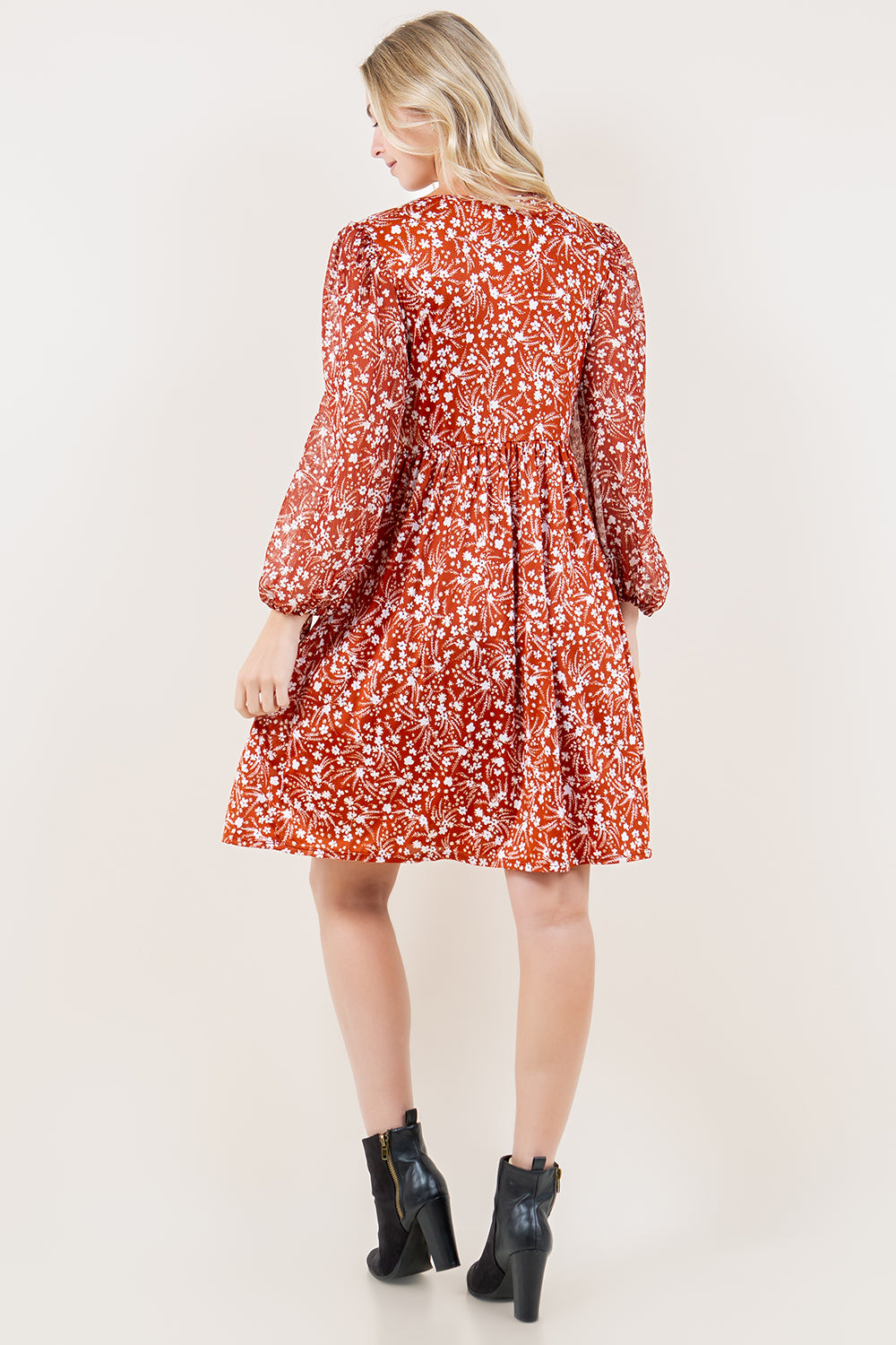 LS SHIRR RUFFLE DROP WAIST DRESS - D3582-0111