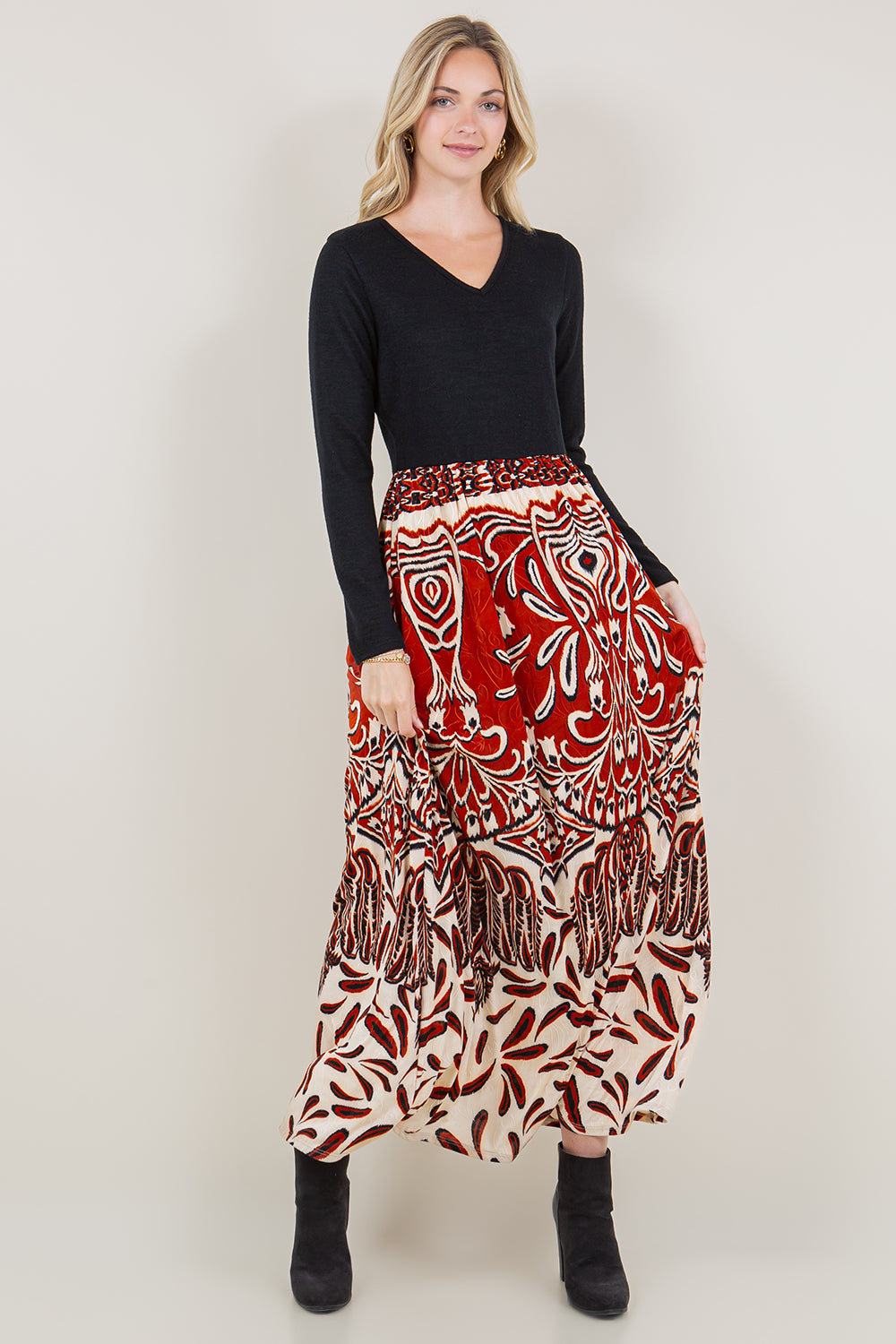 LS V NECK TWOFER MAXI DRESS - D3594-A1051-1