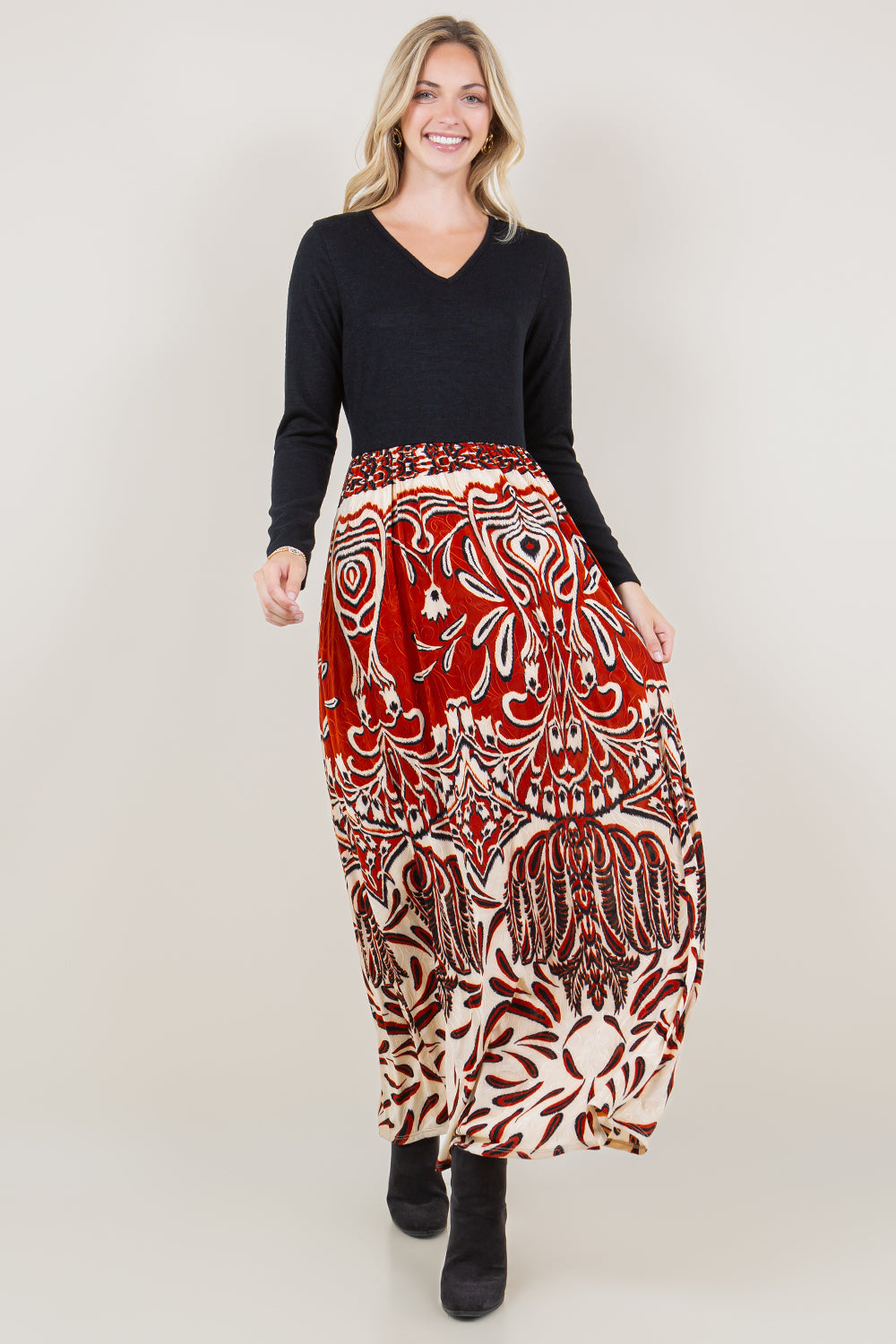 LS V NECK TWOFER MAXI DRESS - D3594-A1051-1