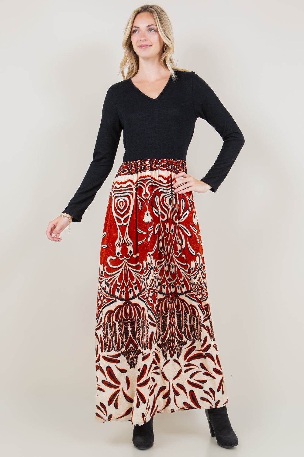 LS V NECK TWOFER MAXI DRESS - D3594-A1051-1