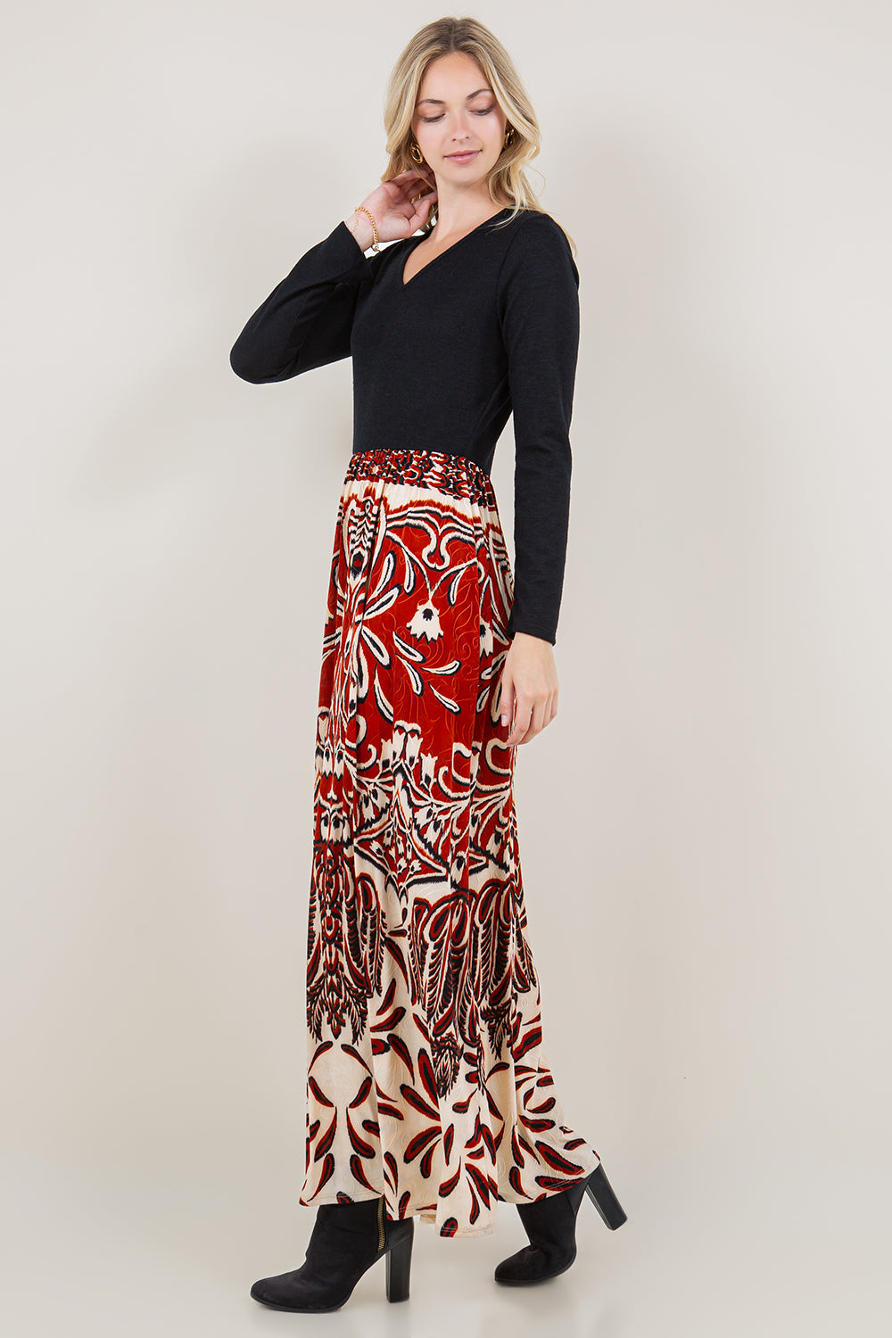 LS V NECK TWOFER MAXI DRESS - D3594-A1051-1