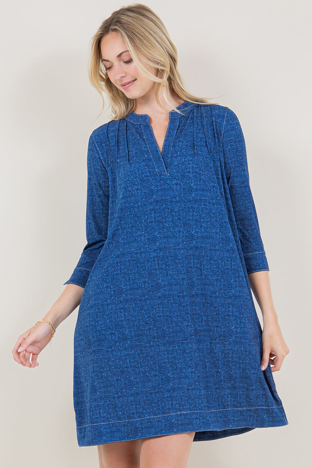 3/4 SLEEVE SPLIT PINTUCK 1/2 PLACKET POPOVER DRESS - D3607-92795