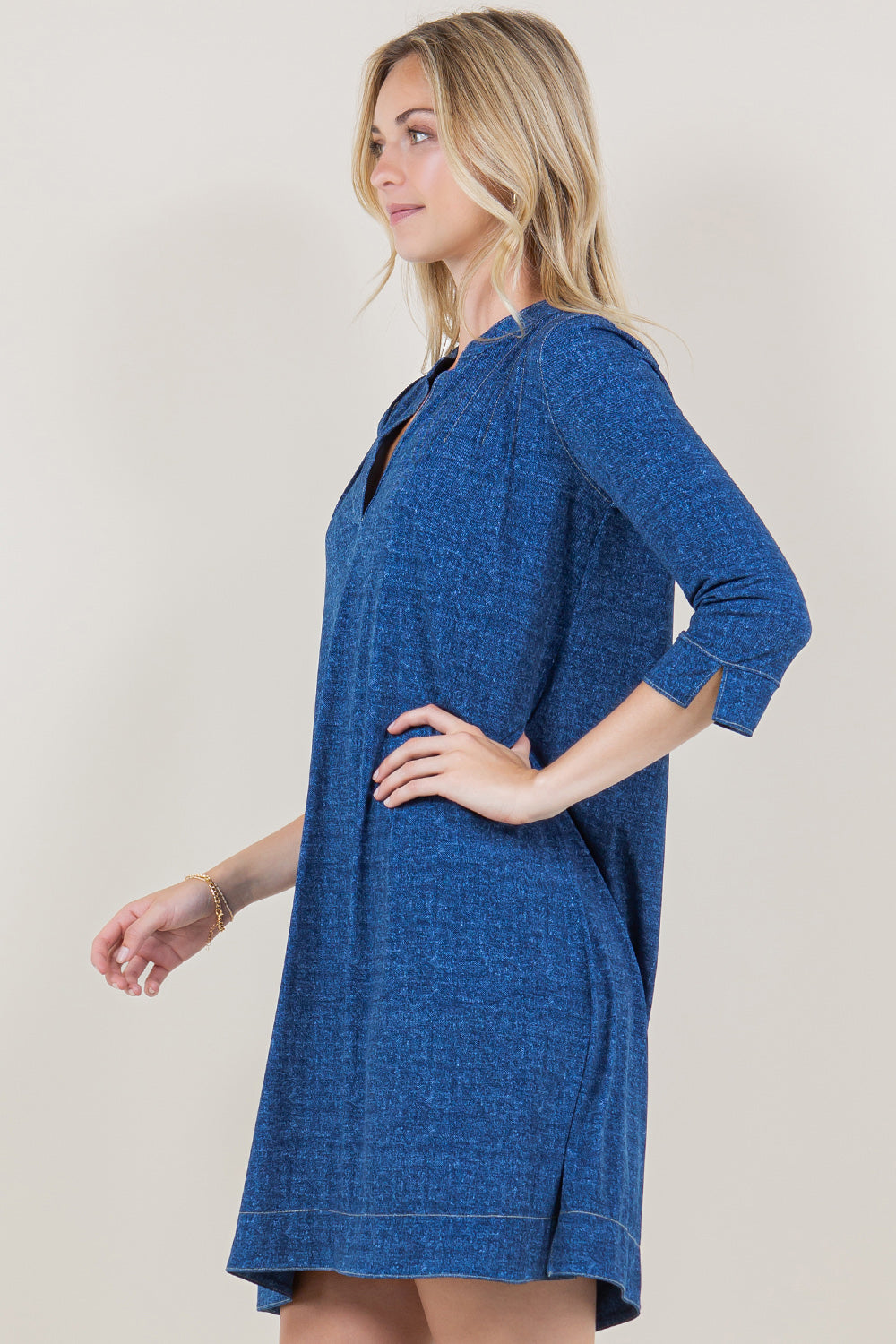 3/4 SLEEVE SPLIT PINTUCK 1/2 PLACKET POPOVER DRESS - D3607-92795