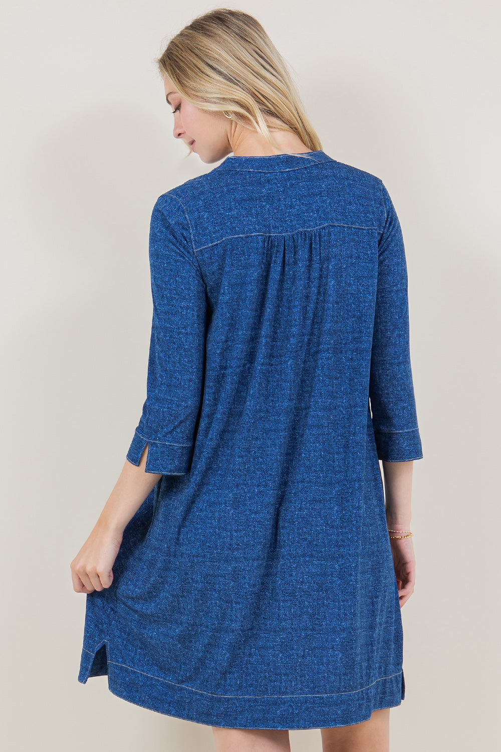 3/4 SLEEVE SPLIT PINTUCK 1/2 PLACKET POPOVER DRESS - D3607-92795