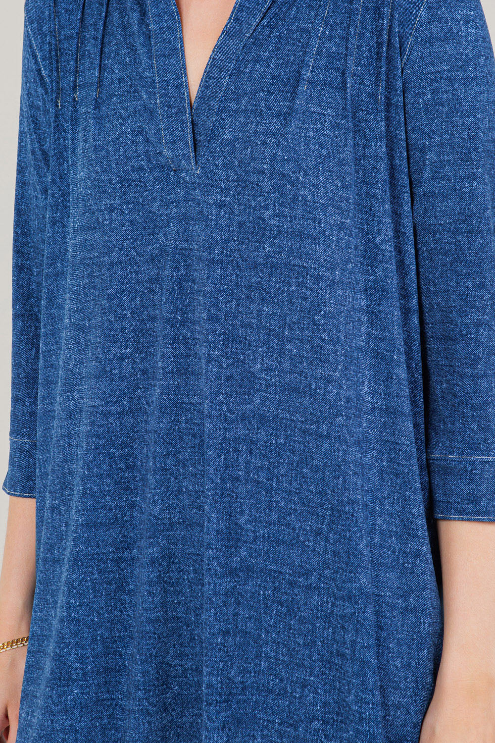 3/4 SLEEVE SPLIT PINTUCK 1/2 PLACKET POPOVER DRESS - D3607-92795