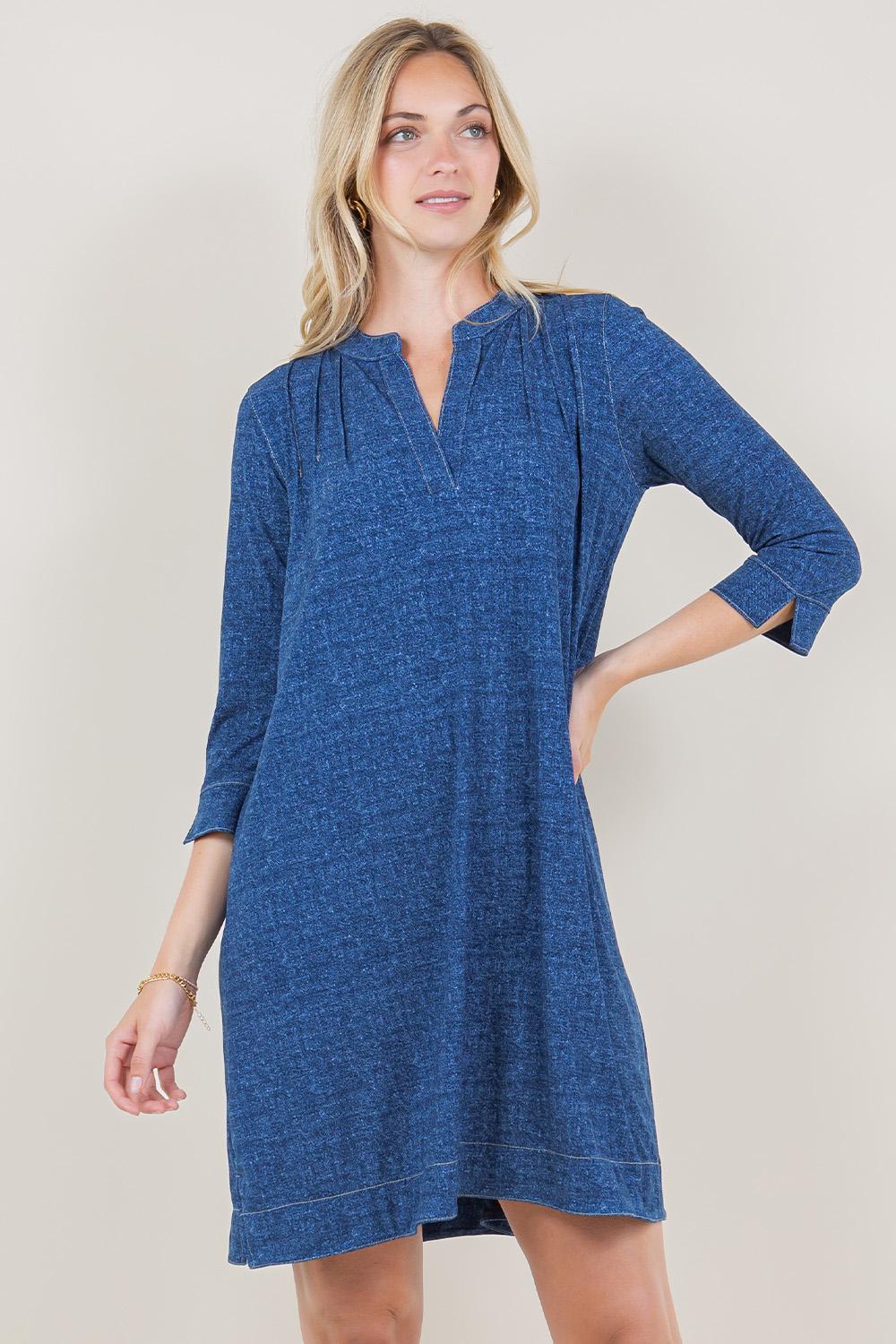 3/4 SLEEVE SPLIT PINTUCK 1/2 PLACKET POPOVER DRESS - D3607-92795