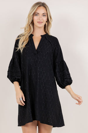 3/4 PLEATED PUFF SLV A-LINE DRESS D3612-1020
