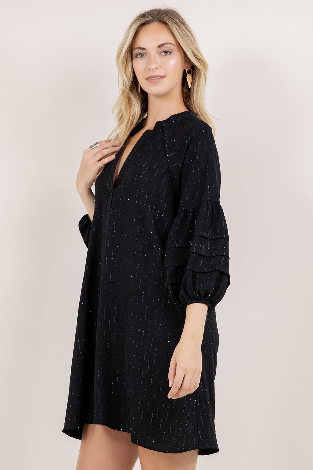 3/4 PLEATED PUFF SLV A-LINE DRESS D3612-1020