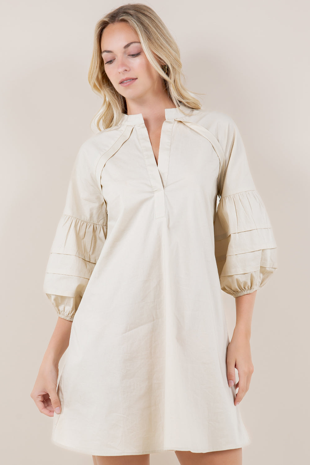 3/4 PLEATED PUFF SLV A LINE DRESS - D3612-PPLN