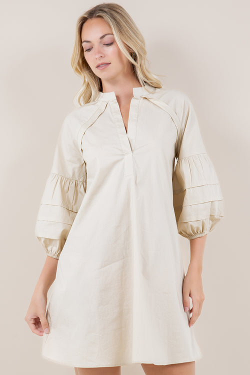 3/4 PLEATED PUFF SLV A LINE DRESS - D3612-PPLN