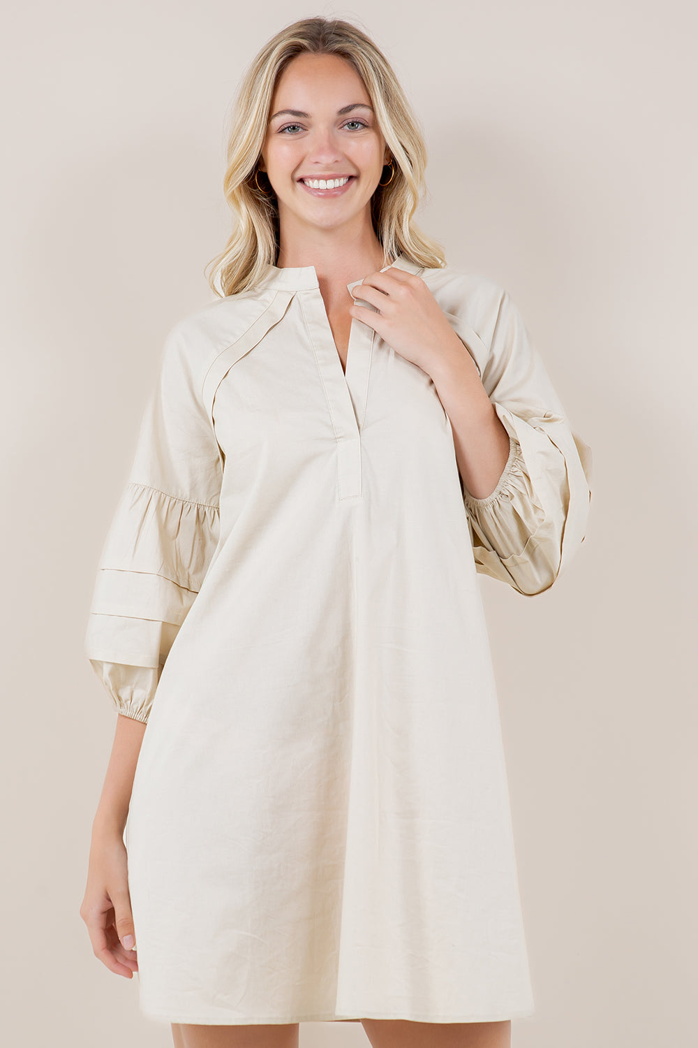 3/4 PLEATED PUFF SLV A LINE DRESS - D3612-PPLN
