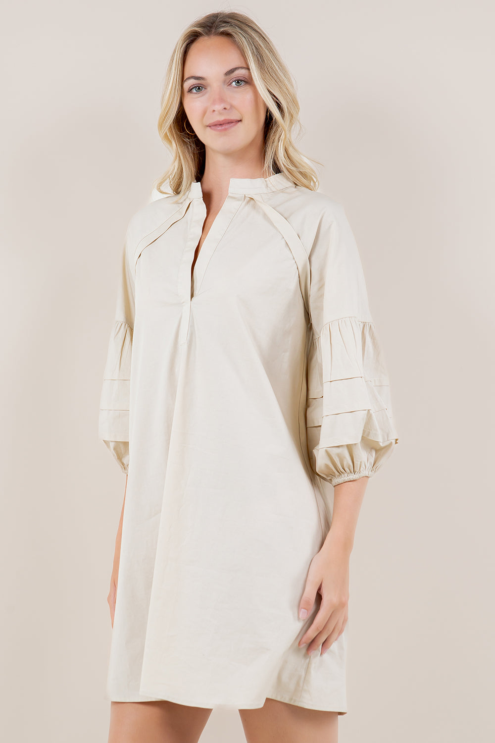 3/4 PLEATED PUFF SLV A LINE DRESS - D3612-PPLN