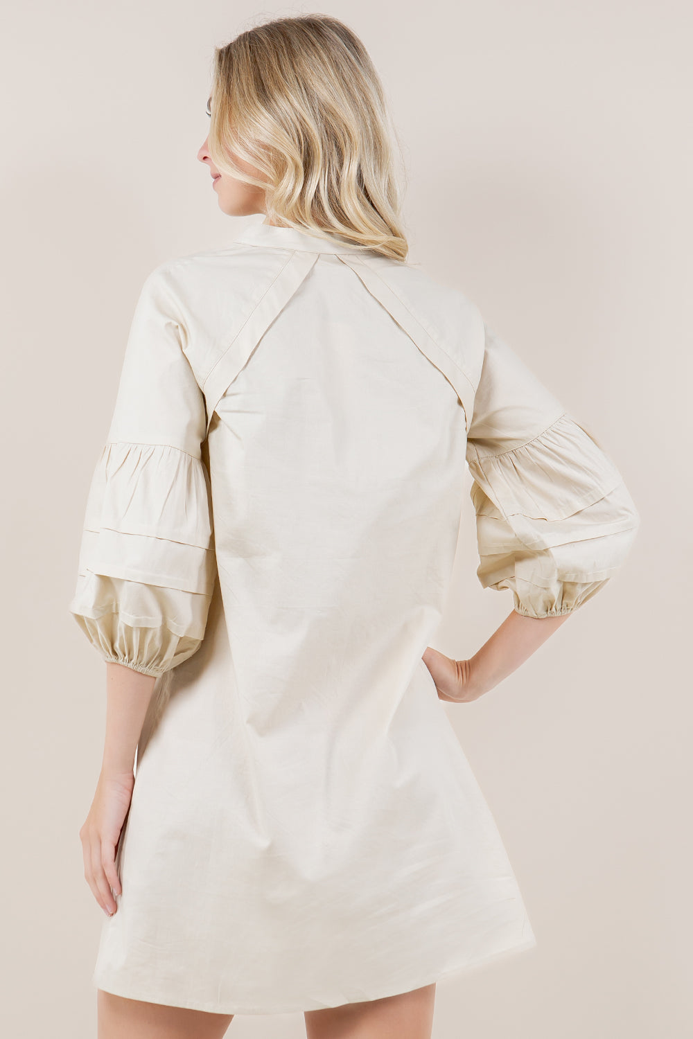 3/4 PLEATED PUFF SLV A LINE DRESS - D3612-PPLN