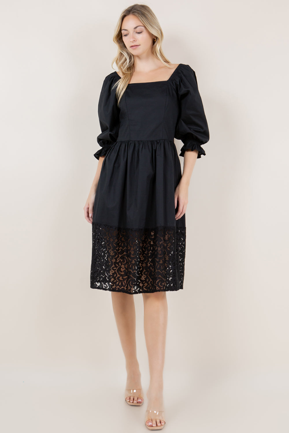 3/4 WIDE PUFF SLV SQUARE NK DRESS - D3620-PPLN