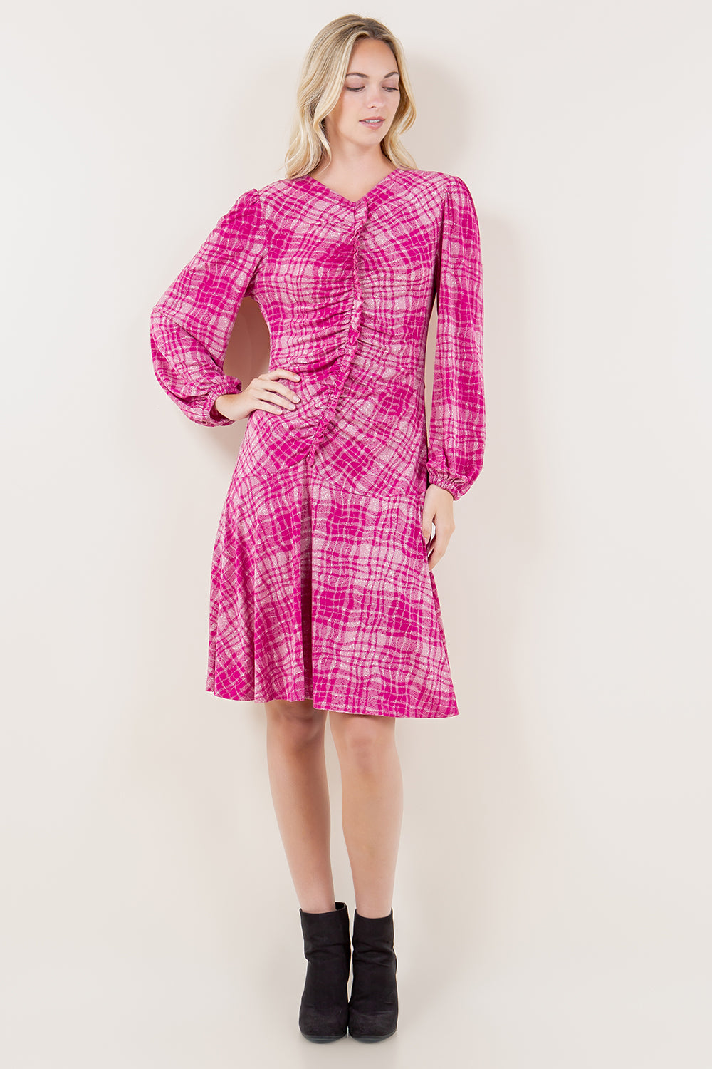 3/4 SLV ASYM RUFFLE DRESS - D3621-PLAID17