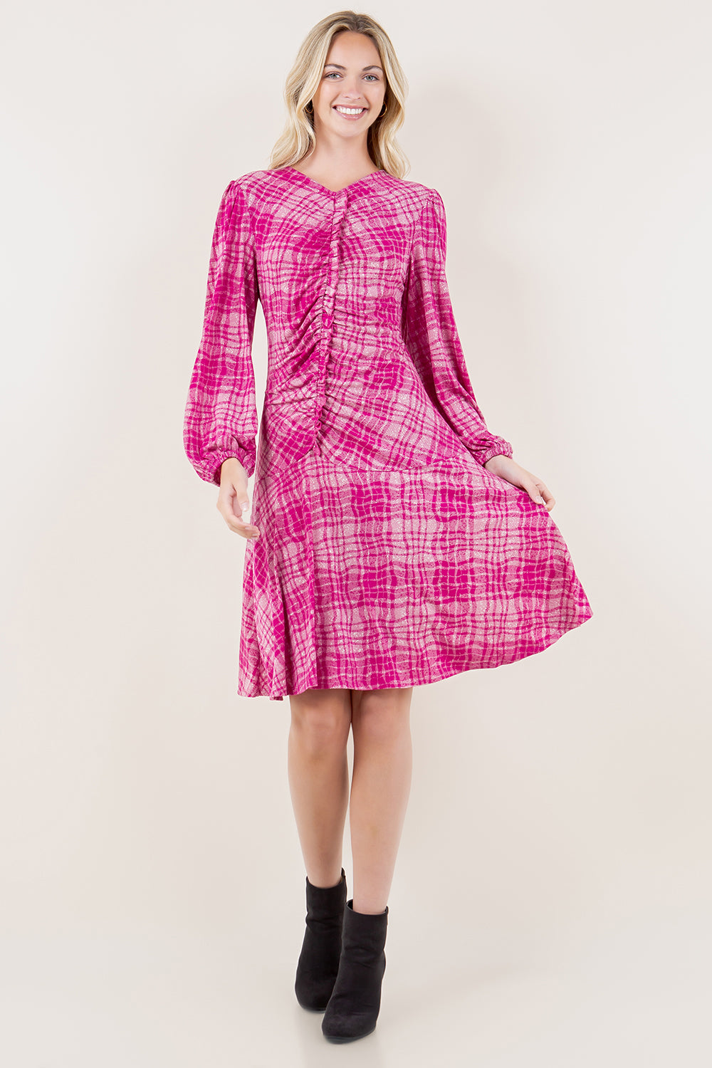 3/4 SLV ASYM RUFFLE DRESS - D3621-PLAID17
