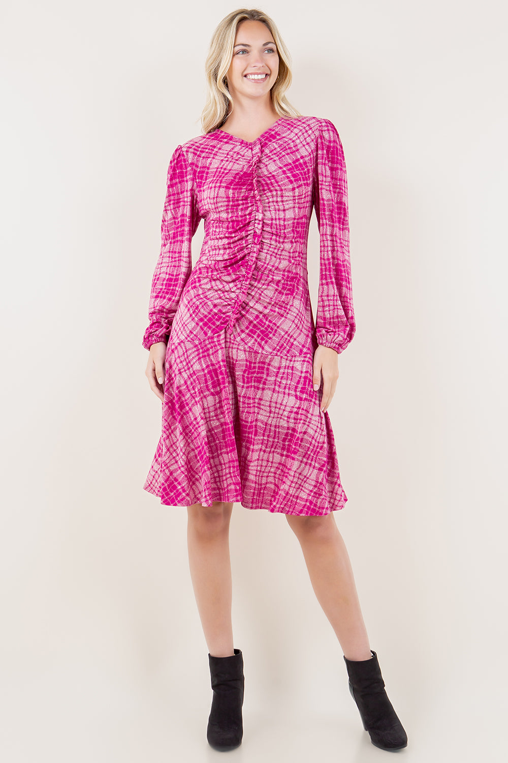 3/4 SLV ASYM RUFFLE DRESS - D3621-PLAID17