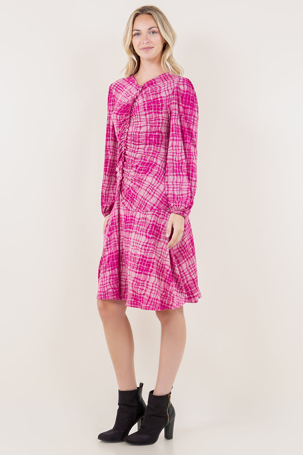 3/4 SLV ASYM RUFFLE DRESS - D3621-PLAID17