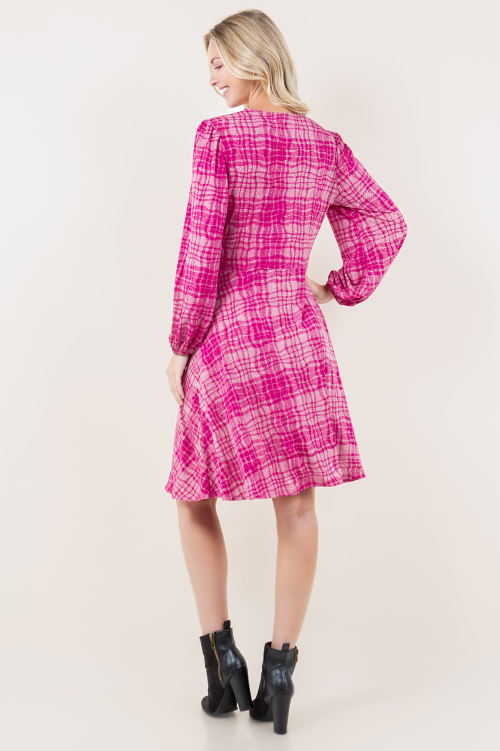 3/4 SLV ASYM RUFFLE DRESS - D3621-PLAID17