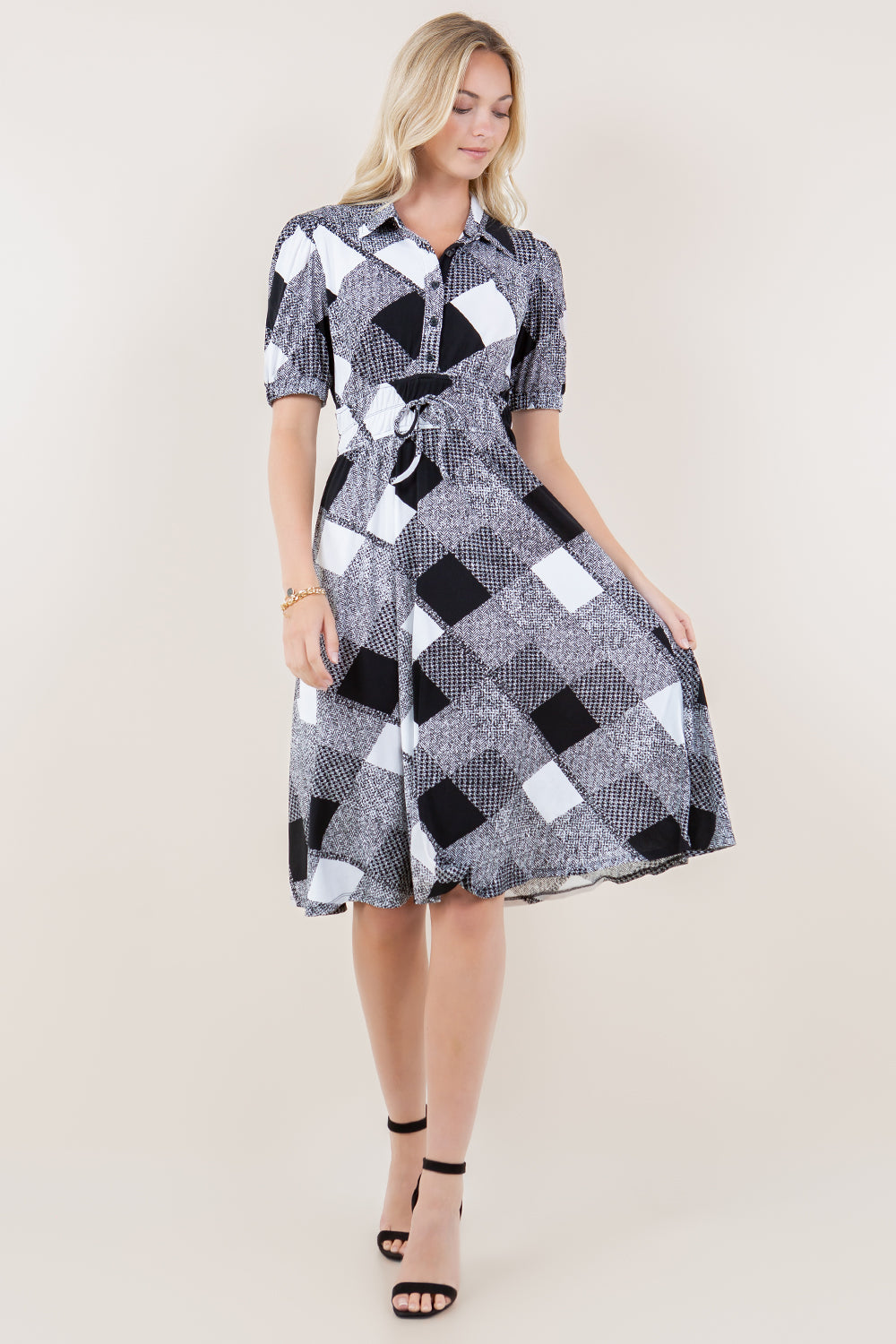 ELB PUFF SLVS ELASTIC WAIST DRESS - D3622-PLAID