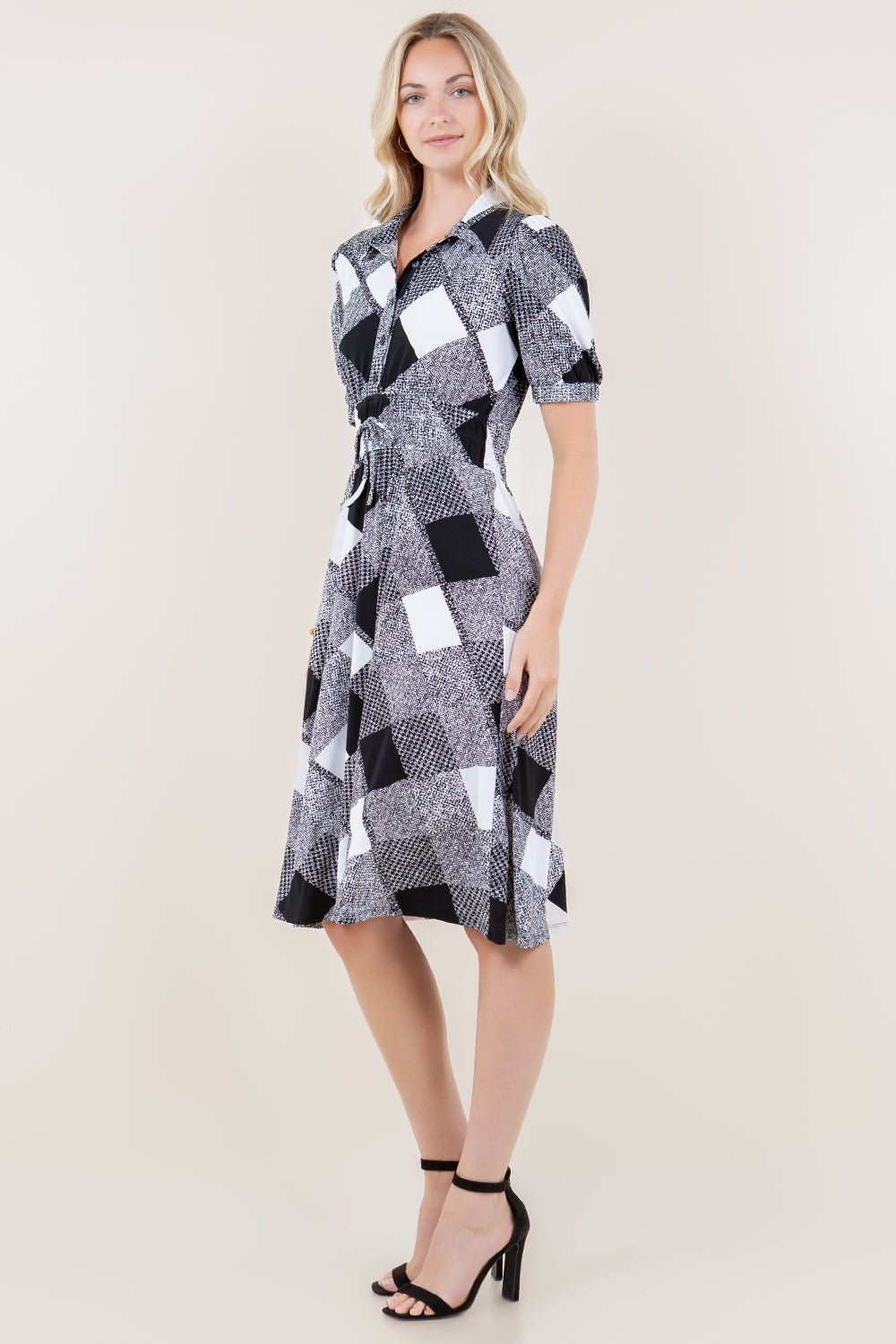 ELB PUFF SLVS ELASTIC WAIST DRESS - D3622-PLAID