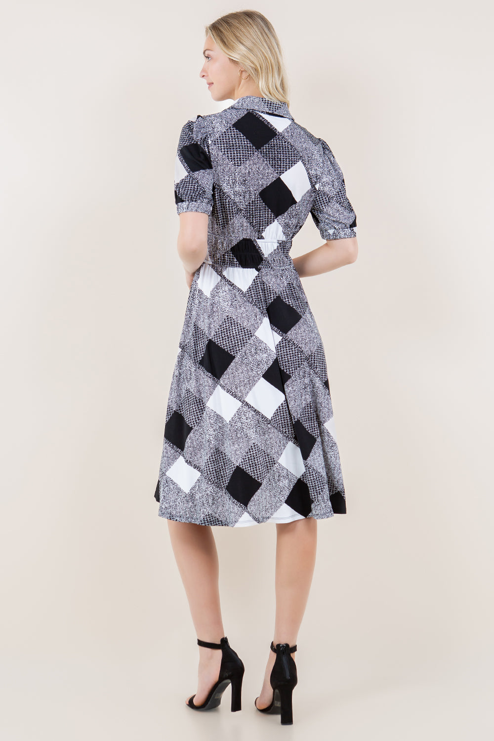 ELB PUFF SLVS ELASTIC WAIST DRESS - D3622-PLAID