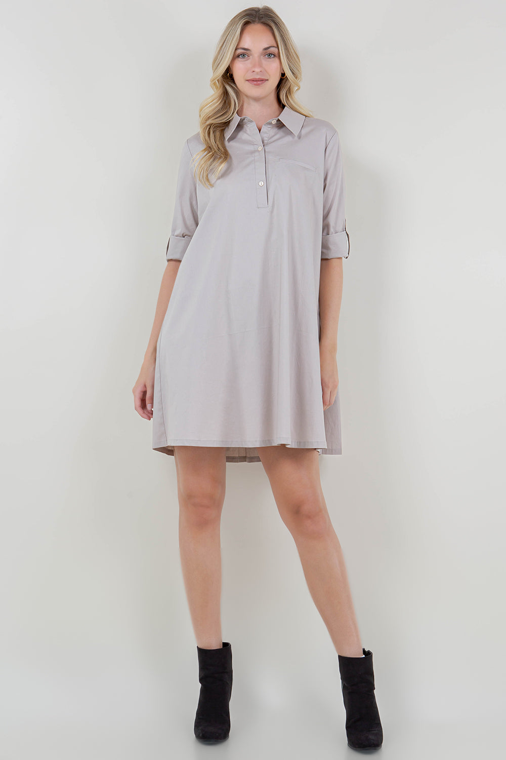 ELB ROLL TAB SLV BK PLEAT DRESS - D3626-PPLN
