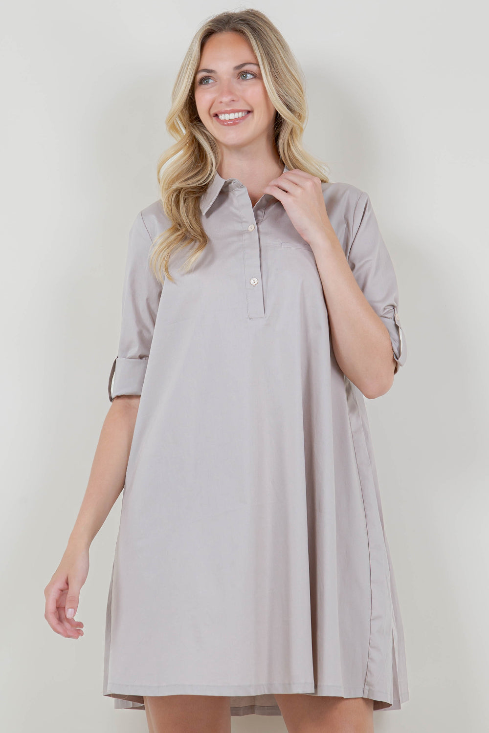 ELB ROLL TAB SLV BK PLEAT DRESS - D3626-PPLN