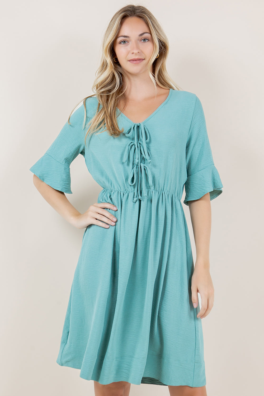 ELB BELL SLV BOW TIES CLOSURE DRESS - D3629-AFLW-ALOE