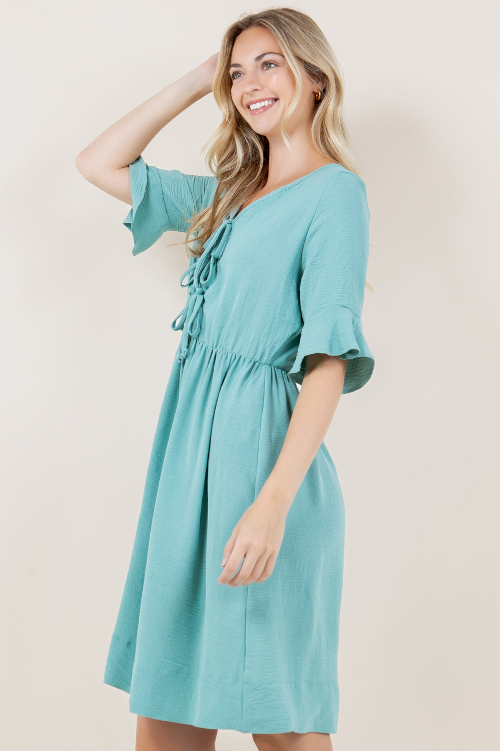 ELB BELL SLV BOW TIES CLOSURE DRESS - D3629-AFLW-ALOE