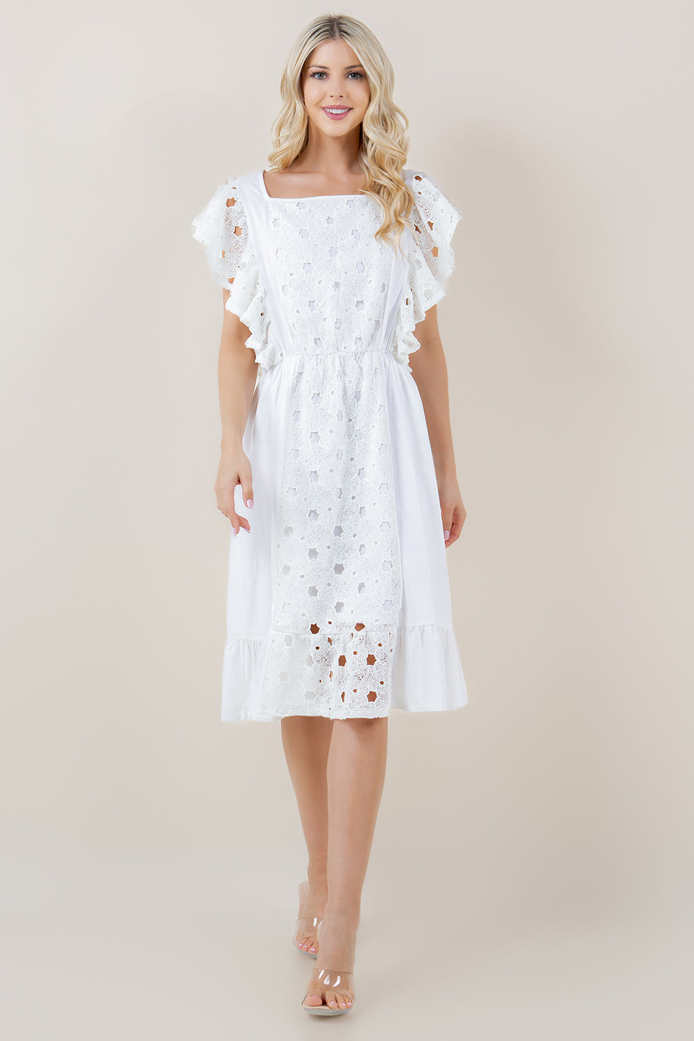 SL RUFFLE SQAURE NK HEM MIDI DRESS - D3683-EYELET