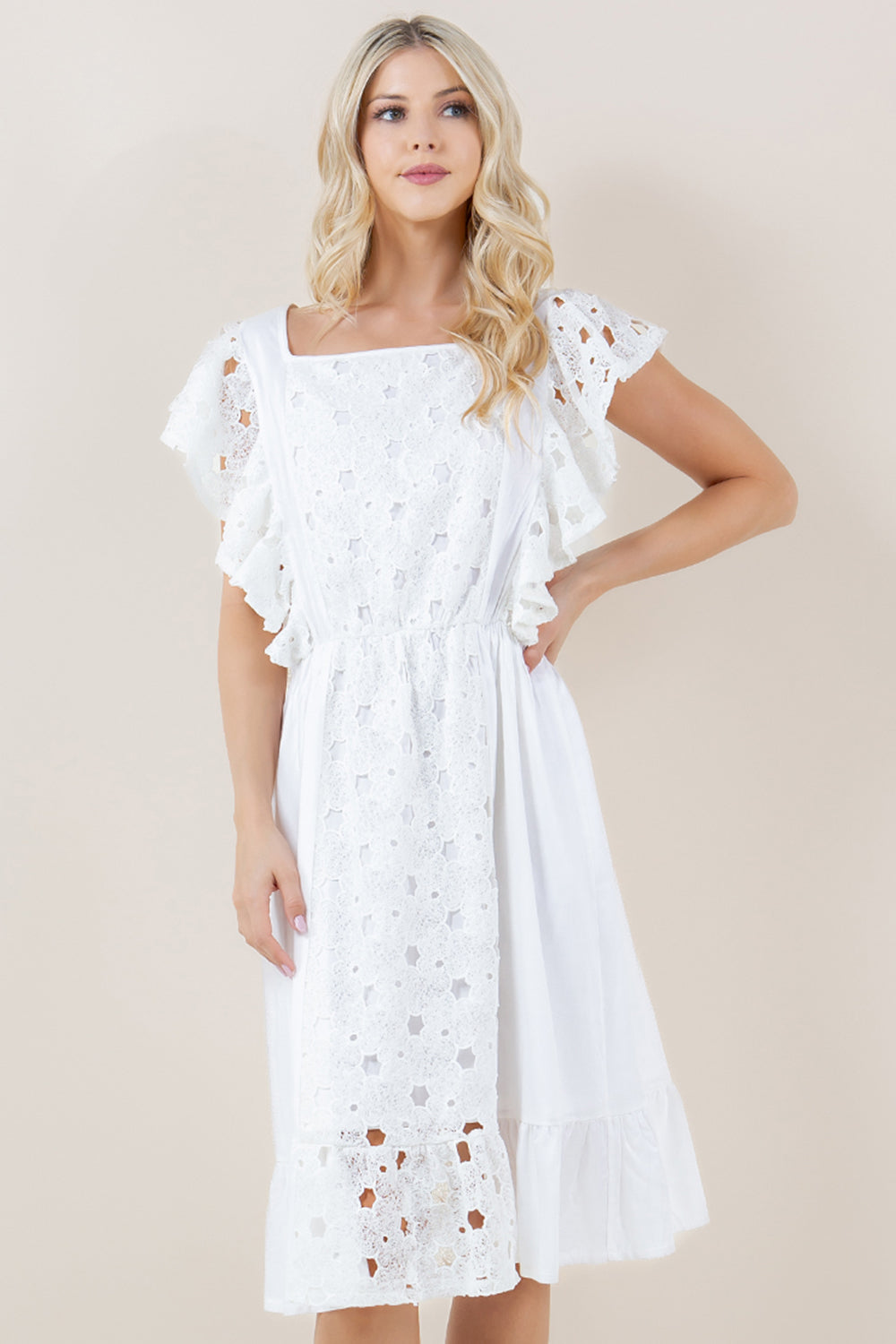 SL RUFFLE SQAURE NK HEM MIDI DRESS - D3683-EYELET